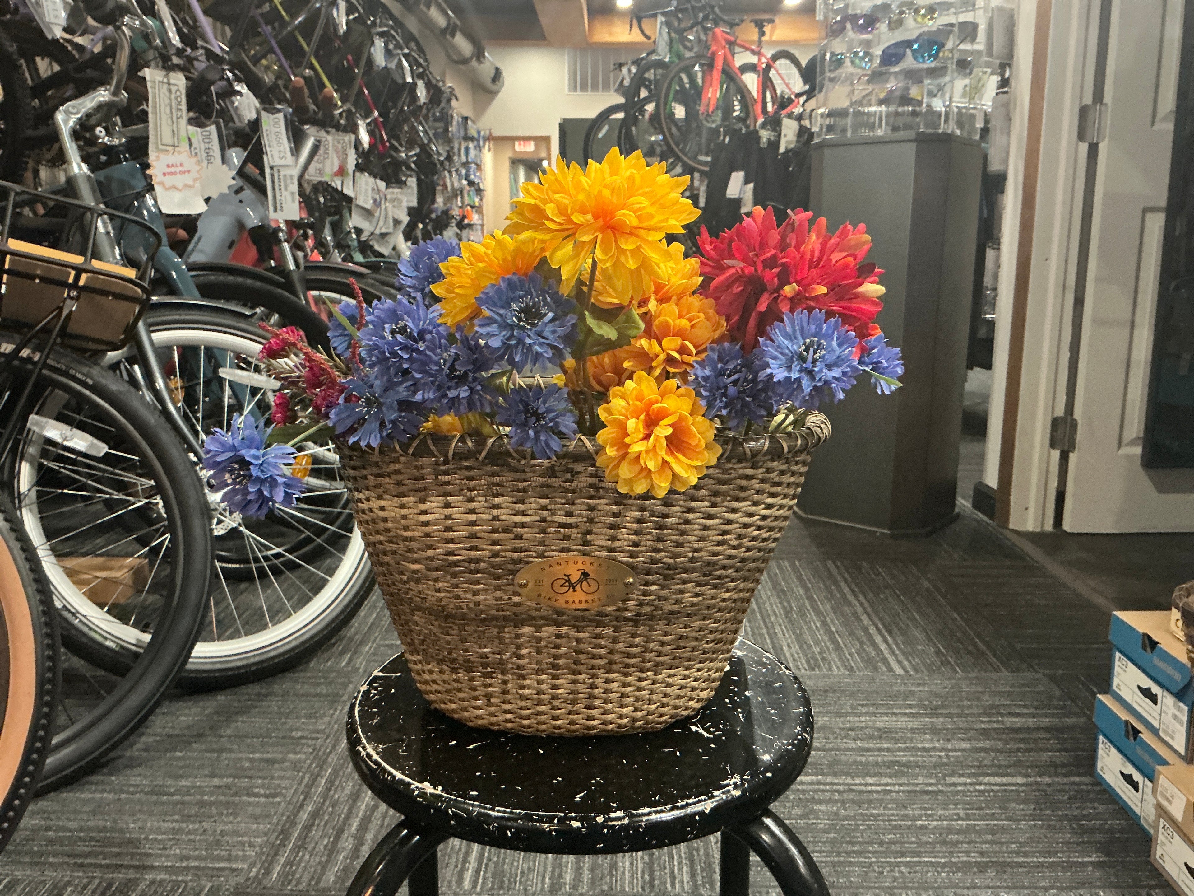 Flower Basket - Wicker w/Leather Straps & Decorative Decal